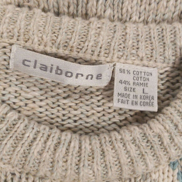 VTG Claiborne Cotton Cream Blue Argyle Knit Mens Sweater Grandpacore Large - Picture 6 of 9
